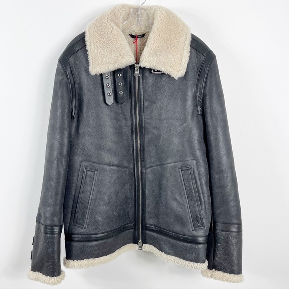 Hugo Boss Lambskin Leather Shearling Buckle Strap Coat Size Large NWT Dark Grey - Picture 4 of 13